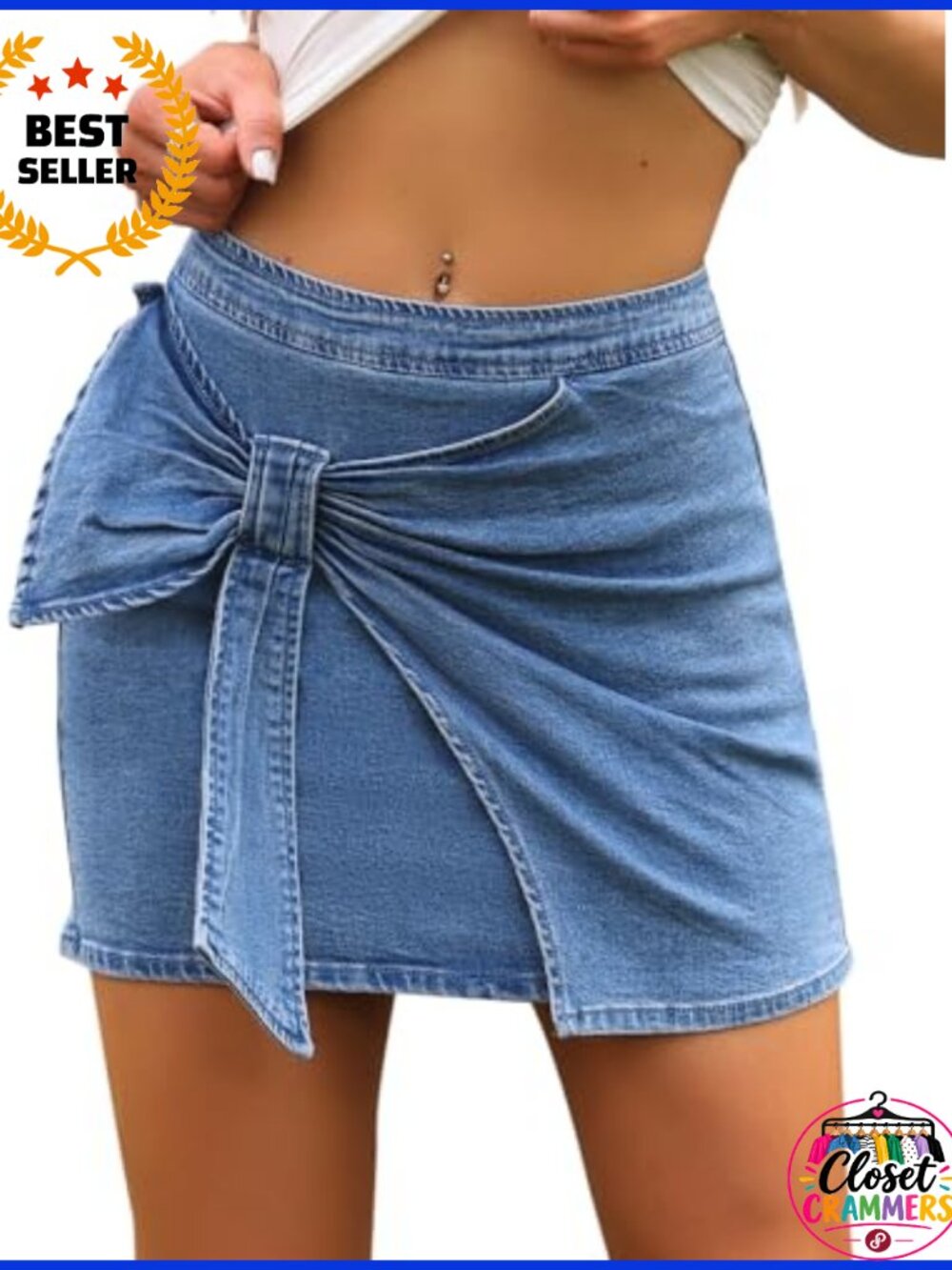 Y2K Stretchy Mini Denim Skirt with Wrap Front and Bow